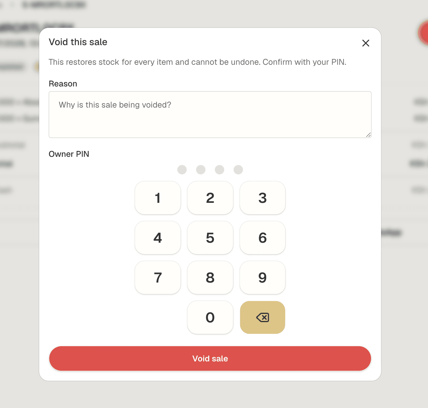 Void dialog with owner-PIN keypad open
